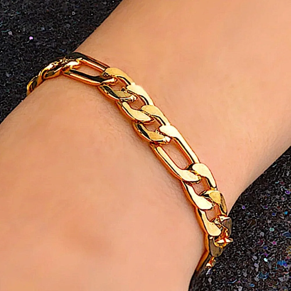 18K GOLD PLATED CUBAN FIGARO CHAIN LINK UNISEX NECKLACE BRACELET SET - Picture 6 of 14